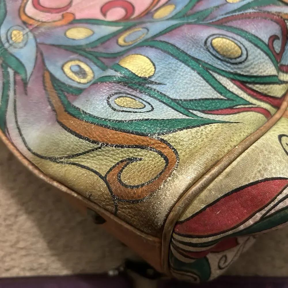 Anuschka Hand Painted Satchel Peacock Leather With Pouches *Blemishes